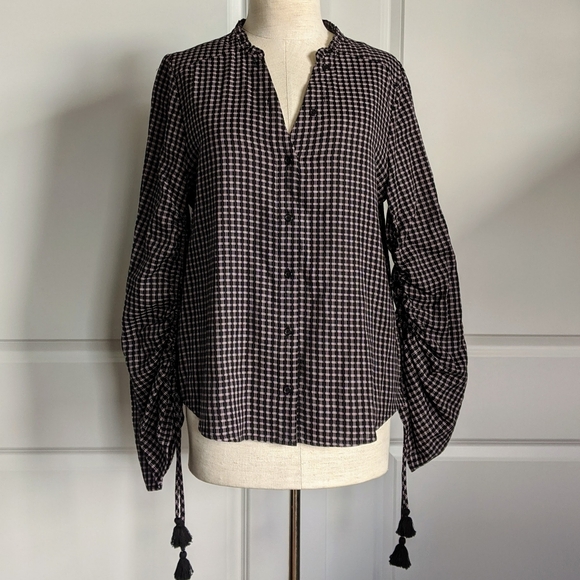 PAIGE Plaid Button Front Split Neck Ruffle Long Sleeve Tassel Black Mauve M NWT - Picture 2 of 14